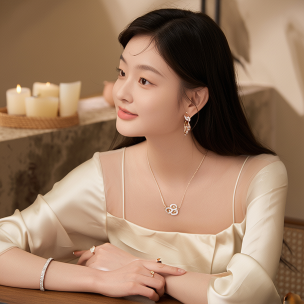 生活瞬间，美女，韩系美女，丝绸，美妆广告，家庭餐桌，4K超清，写实风格，温馨，柔和室内光，细腻皮肤，项链，耳环，手链。