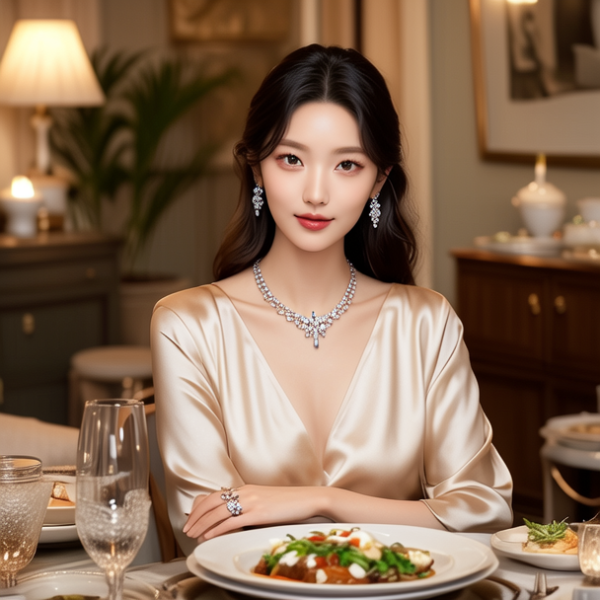 生活瞬间，美女，韩系美女，丝绸，美妆广告，家庭餐桌，4K超清，写实风格，温馨，柔和室内光，细腻皮肤，项链，耳环，手链。