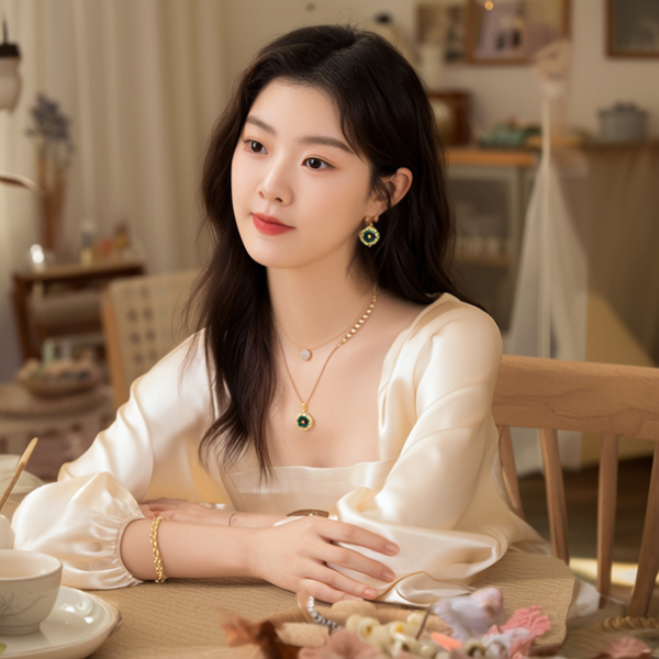 生活瞬间，美女，韩系美女，丝绸，美妆广告，家庭餐桌，4K超清，写实风格，温馨，柔和室内光，细腻皮肤，项链，耳环，手链。