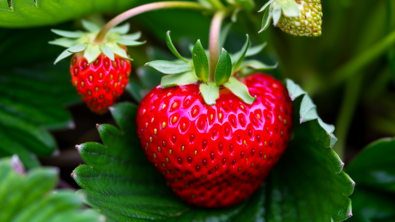 清晨，一串草莓上挂着晶莹的露珠，红色的果实在绿叶的衬托下显得格外鲜艳，每一颗草莓都像是大自然精心雕琢的宝石。