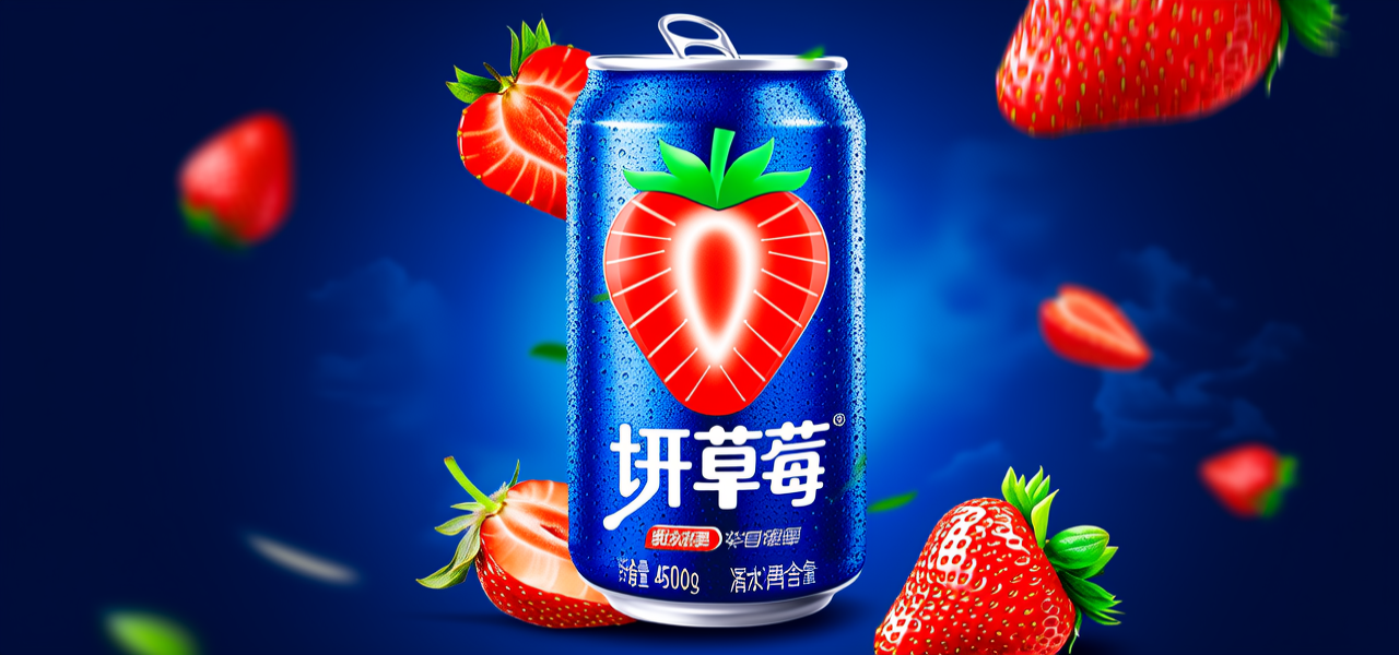 一幅逼真风格的广告宣传海报，一罐蓝色饮料，一个鲜明的切开草莓标志，饮料罐周围散落着几片水果，背景采用深蓝色的天空，细节真实，汁水充沛。