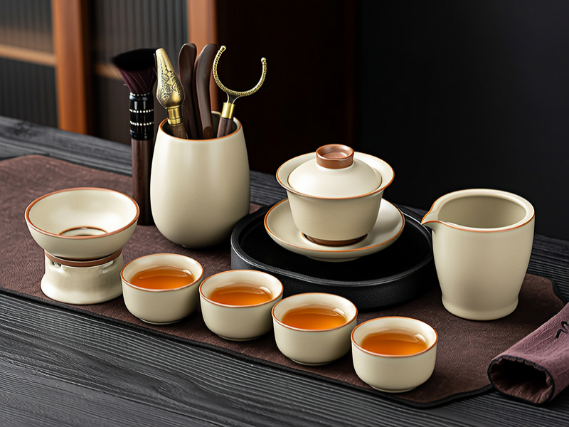 精美的茶具套装：一套精美的茶具，包括茶壶、茶杯和托盘，它们的造型简洁而优雅，釉色柔和，不仅能用于品茶，也能作为家中的装饰品。