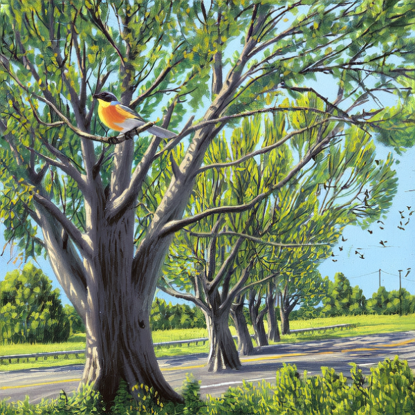 在马路的右侧，耸立着9棵黄葛树，上面有知鸟停着，微风吹过，树叶随风飘荡。