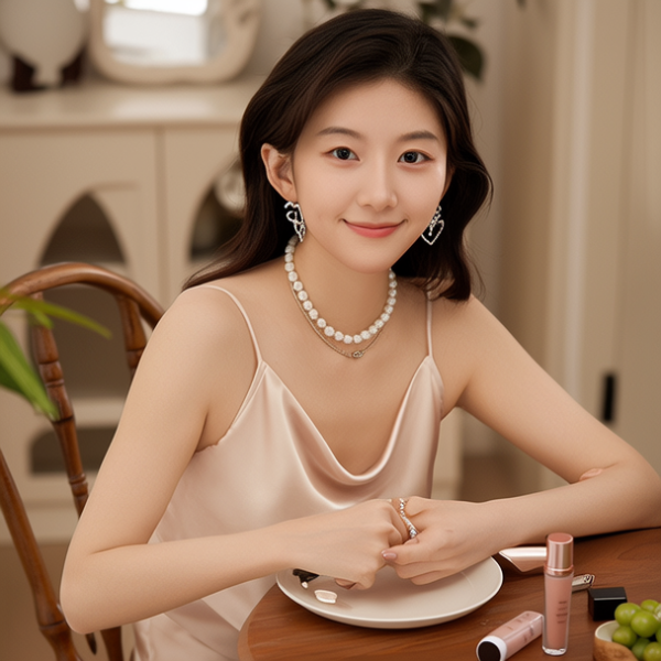 生活瞬间，美女，韩系美女，丝绸，美妆广告，家庭餐桌，4K超清，写实风格，温馨，柔和室内光，细腻皮肤，项链，耳环，手链。