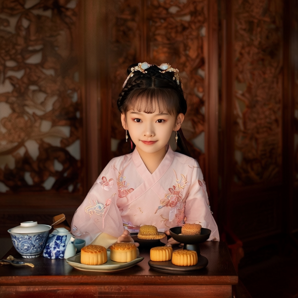 坐在桌子前吃月饼的小女孩儿，书童，文静