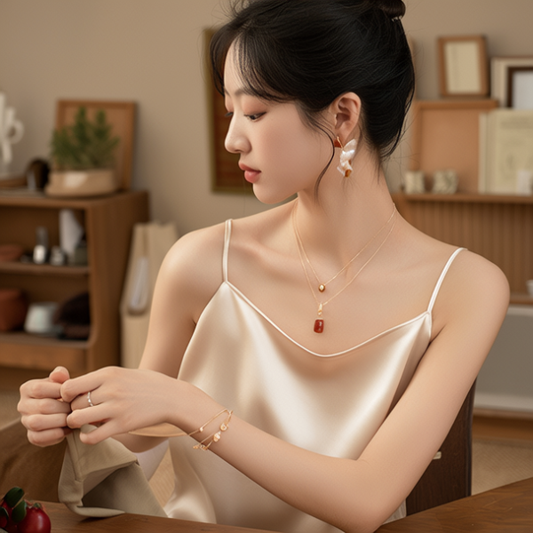 生活瞬间，美女，韩系美女，丝绸，美妆广告，家庭餐桌，4K超清，写实风格，温馨，柔和室内光，细腻皮肤，项链，耳环，手链。脱衣服