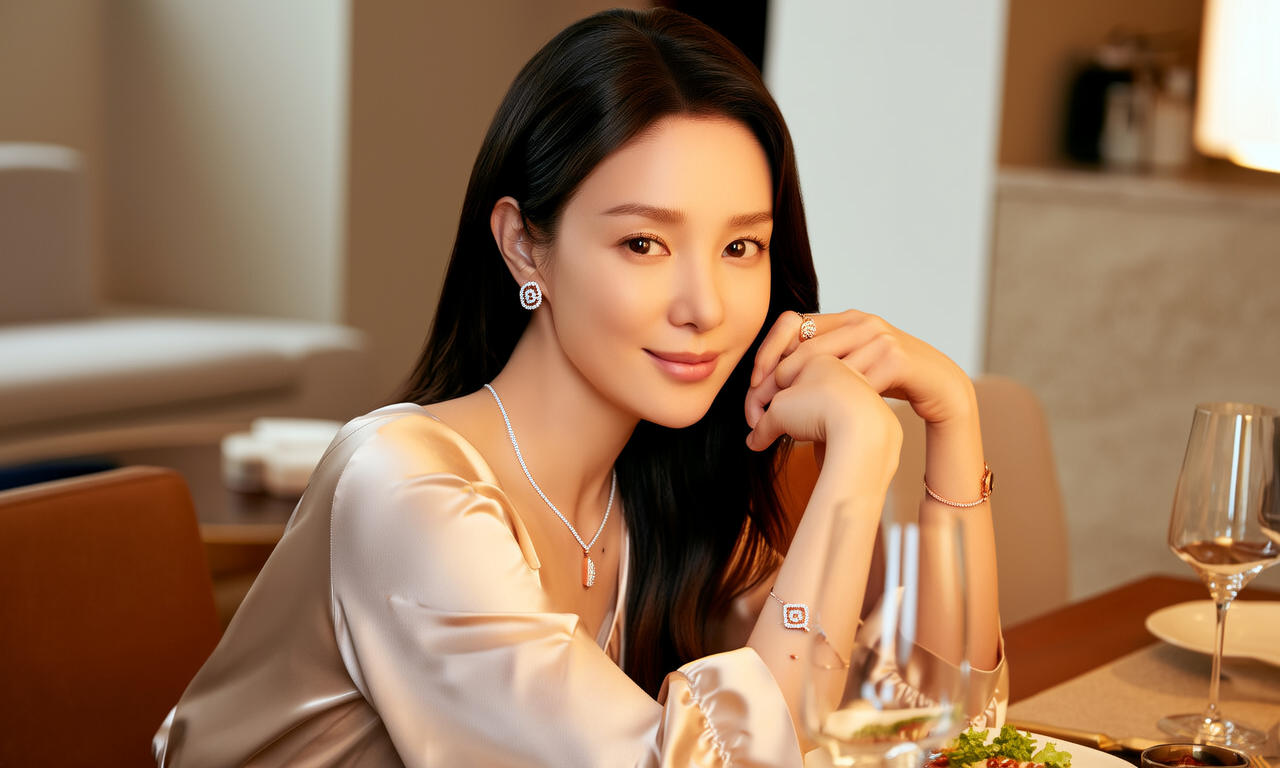 生活瞬间,美女,韩系美女,丝绸,美妆广告,家庭餐桌,4K超清,写实风格,温馨,柔和室内光,细腻皮肤,项链,耳环,手链。 生活瞬间,美女,韩系美女,丝绸,美妆广告,家庭餐桌,4K超清,写实风格,温馨,柔和室内光,细腻皮肤,项链,耳环,手链。