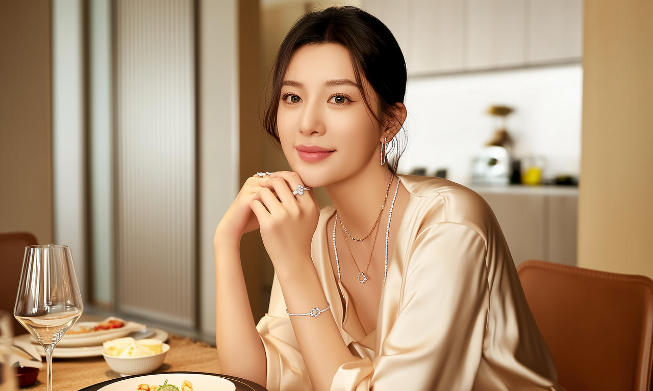 生活瞬间,美女,韩系美女,丝绸,美妆广告,家庭餐桌,4K超清,写实风格,温馨,柔和室内光,细腻皮肤,项链,耳环,手链。 生活瞬间,美女,韩系美女,丝绸,美妆广告,家庭餐桌,4K超清,写实风格,温馨,柔和室内光,细腻皮肤,项链,耳环,手链。