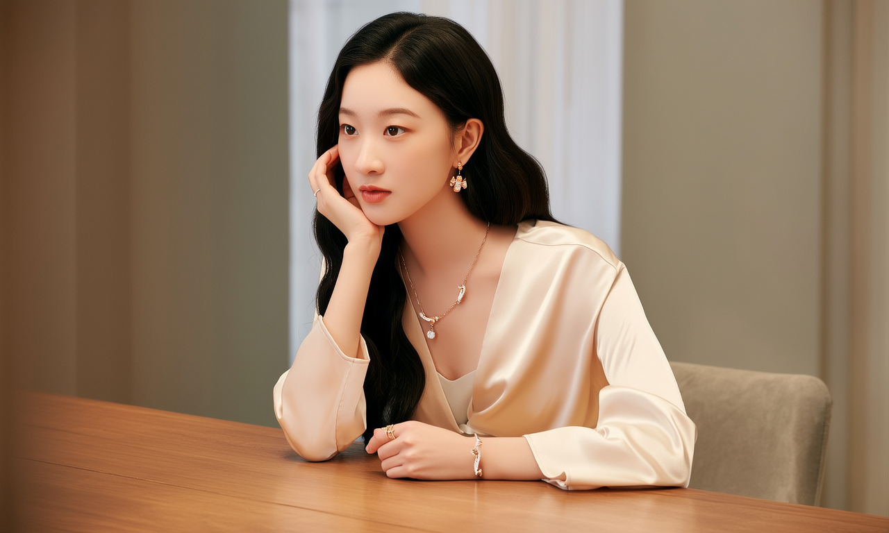 生活瞬间，美女，韩系美女，丝绸，美妆广告，家庭餐桌，4K超清，写实风格，温馨，柔和室内光，细腻皮肤，项链，耳环，手链。