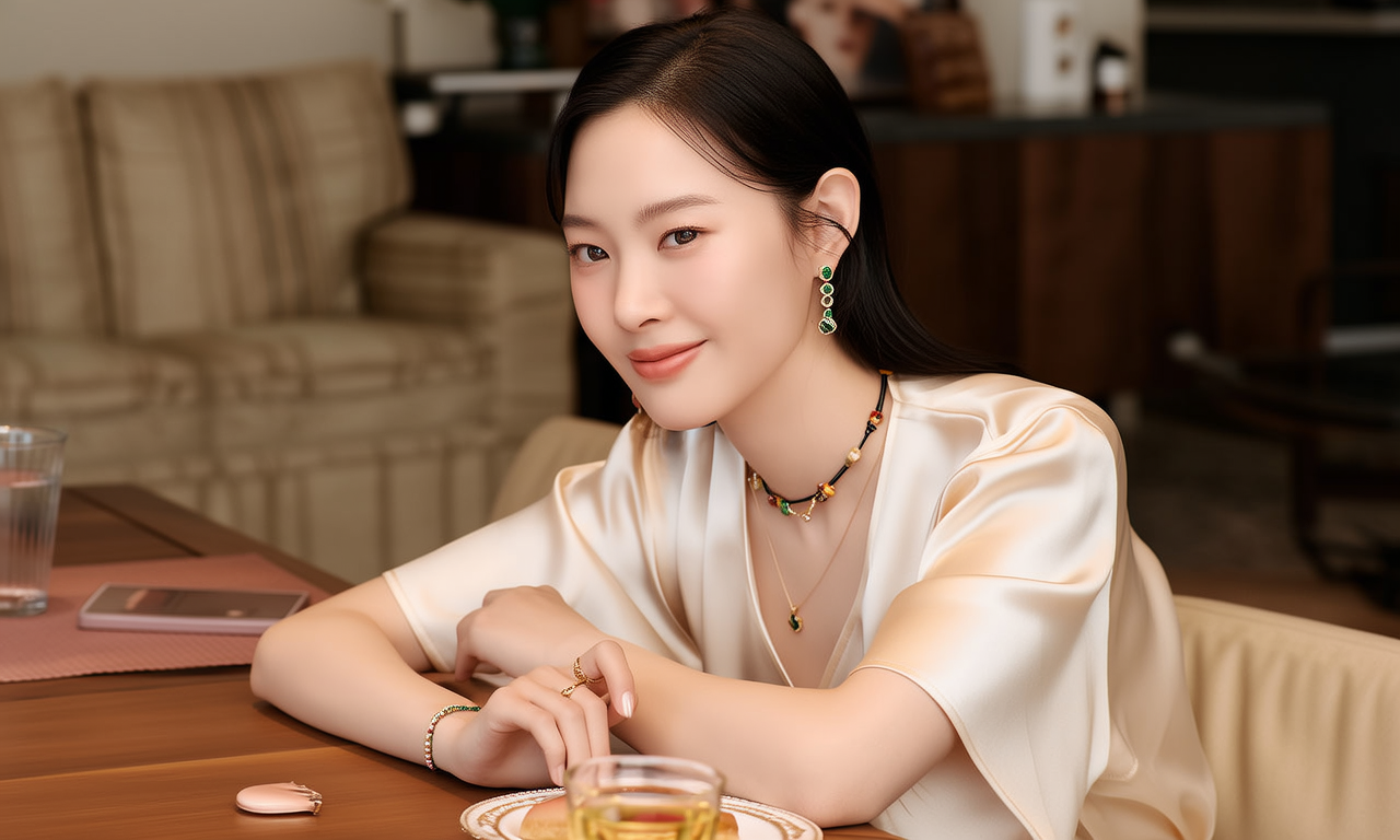 生活瞬间，美女，韩系美女，丝绸，美妆广告，家庭餐桌，4K超清，写实风格，温馨，柔和室内光，细腻皮肤，项链，耳环，手链。