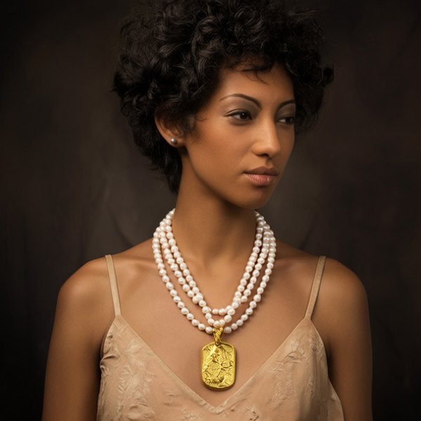 珍珠项链配黄金吊坠图