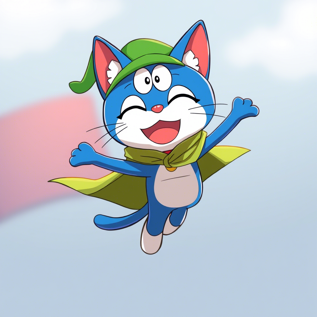 蓝色猫咪,长得像瘦子版的多啦A梦,带个绿帽子,穿个披风,在飞 蓝色猫咪,长得像瘦子版的多啦A梦,带个绿帽子,穿个披风,在飞