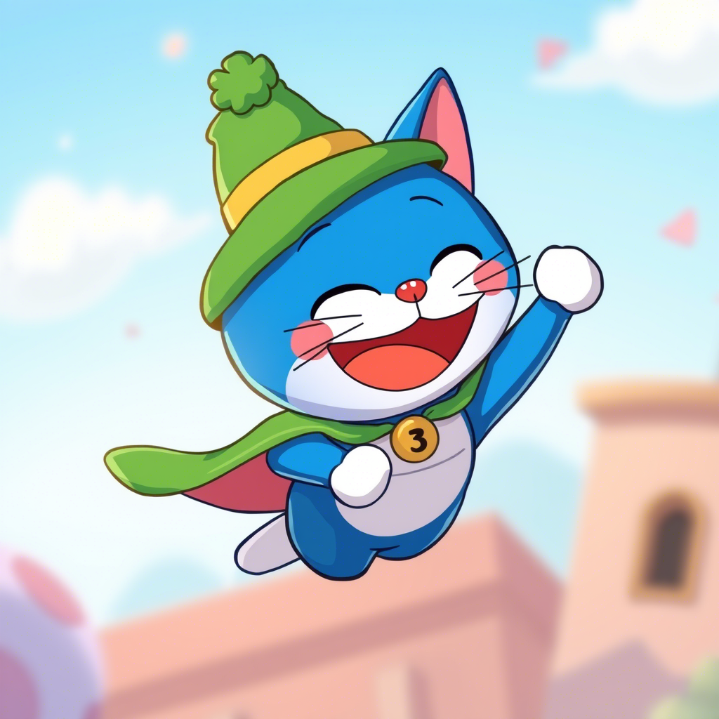 蓝色猫咪,长得像瘦子版的多啦A梦,带个绿帽子,穿个披风,在飞 蓝色猫咪,长得像瘦子版的多啦A梦,带个绿帽子,穿个披风,在飞