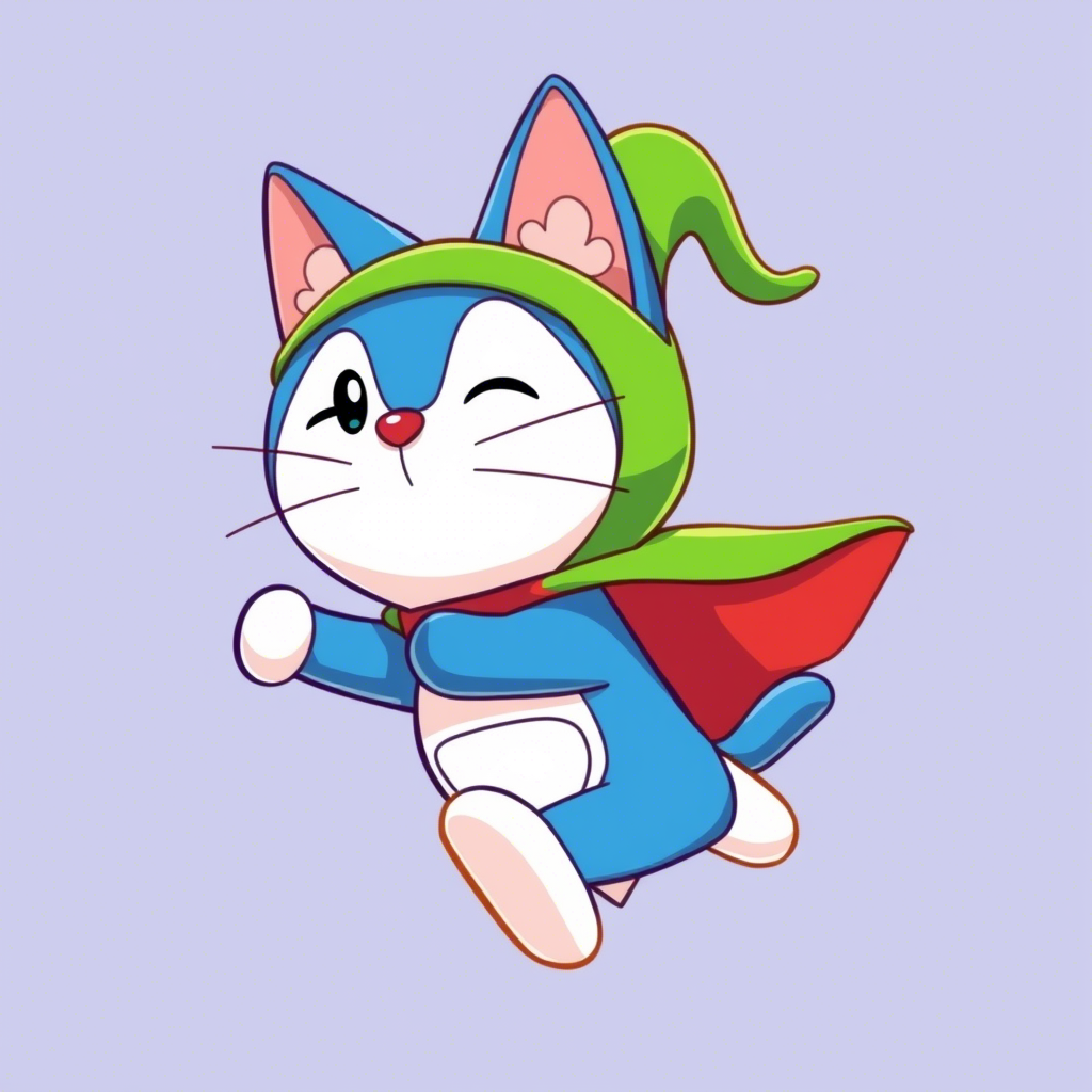 蓝色猫咪,长得像瘦子版的多啦A梦,带个绿帽子,穿个披风,在飞 蓝色猫咪,长得像瘦子版的多啦A梦,带个绿帽子,穿个披风,在飞