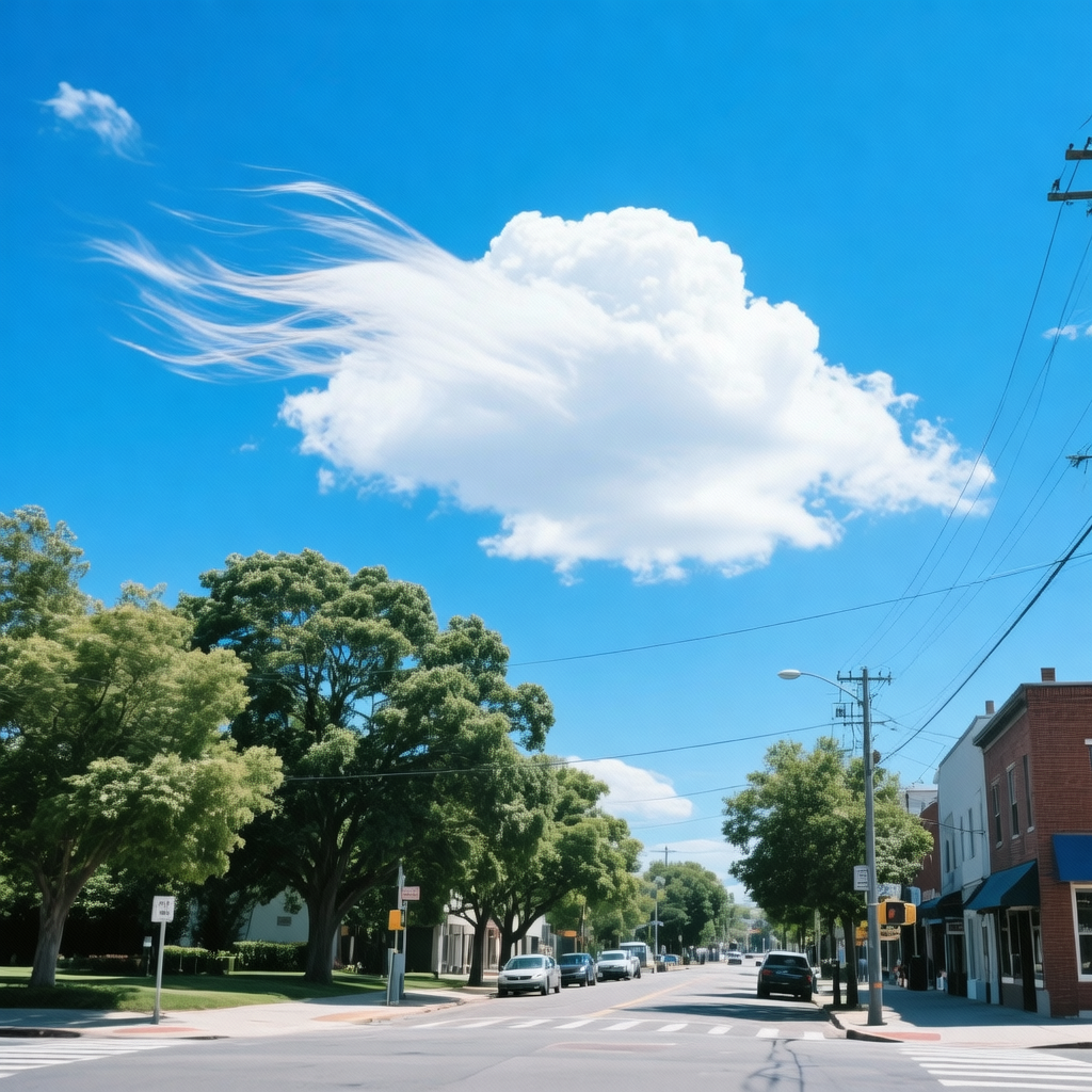 生活瞬间，蓝色天空，，白色云，树木，风，街景